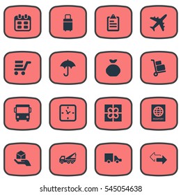 Set Of 16 Simple Surrender Icons. Can Be Found Such Elements As Luggage Bearer, Opposite Directions, Minutes And Other.