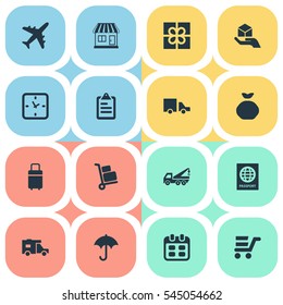 Set Of 16 Simple Surrender Icons. Can Be Found Such Elements As Gingham, Eviction Vehicle, Trip Luggage And Other.