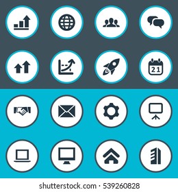 Set Of 16 Simple Teamwork Icons. Can Be Found Such Elements As Line Graph, Spaceship, Graph And Other.