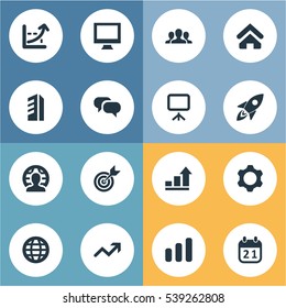 Set Of 16 Simple Teamwork Icons. Can Be Found Such Elements As Global Business, Spaceship, House And Other.