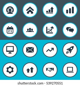 Set Of 16 Simple Teamwork Icons. Can Be Found Such Elements As Envelope, Line Graph, Line Graph And Other.
