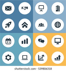 Set Of 16 Simple Teamwork Icons. Can Be Found Such Elements As Envelope, Gear, Company And Other.