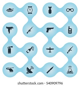 Set Of 16 Simple Terror Icons. Can Be Found Such Elements As Nuke, Heavy Weapon, Rifle Gun And Other.