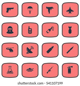 Set Of 16 Simple Terror Icons. Can Be Found Such Elements As Firearm, Molotov, Walkies And Other.