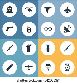 Set Of 16 Simple Terror Icons. Can Be Found Such Elements As Helicopter, Air Bomber, Signal Receiver And Other.