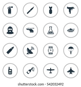 Set Of 16 Simple Terror Icons. Can Be Found Such Elements As Paratrooper, Heavy Weapon, Watch And Other.