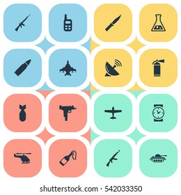 Set Of 16 Simple Terror Icons. Can Be Found Such Elements As Signal Receiver, Cold Weapon, Sky Force And Other.