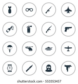 Set Of 16 Simple Terror Icons. Can Be Found Such Elements As Field Glasses, Kalashnikov, Pistol And Other.
