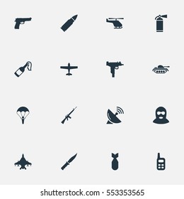 Set Of 16 Simple Terror Icons. Can Be Found Such Elements As Sky Force, Pistol, Heavy Weapon And Other.