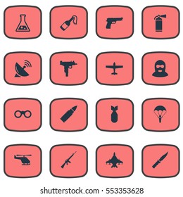 Set Of 16 Simple Terror Icons. Can Be Found Such Elements As Extinguisher, Ammunition, Field Glasses And Other.