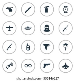 Set Of 16 Simple Terror Icons. Can Be Found Such Elements As Watch, Rifle Gun, Helicopter And Other.