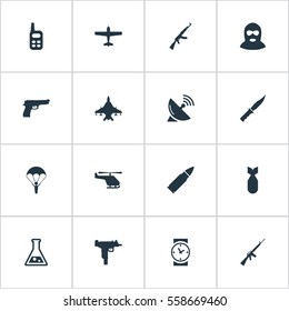 Set Of 16 Simple Terror Icons. Can Be Found Such Elements As Signal Receiver, Air Bomber, Terrorist And Other.