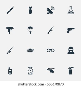 Set Of 16 Simple Terror Icons. Can Be Found Such Elements As Rifle Gun, Heavy Weapon, Cold Weapon And Other.