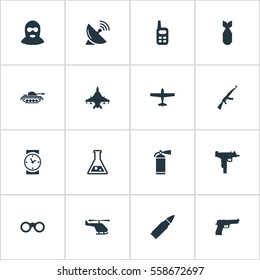 Set Of 16 Simple Terror Icons. Can Be Found Such Elements As Firearm, Kalashnikov, Ammunition And Other.