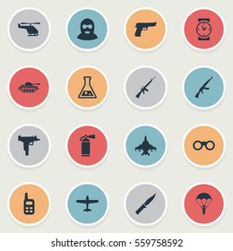 Set Of 16 Simple Terror Icons. Can Be Found Such Elements As Helicopter, Extinguisher, Cold Weapon And Other.