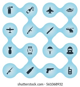 Set Of 16 Simple Terror Icons. Can Be Found Such Elements As Heavy Weapon, Kalashnikov, Molotov And Other.