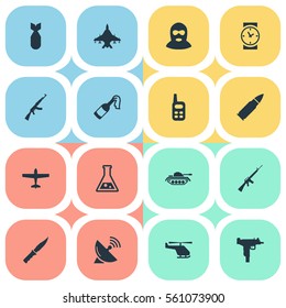 Set Of 16 Simple Terror Icons. Can Be Found Such Elements As Watch, Helicopter, Terrorist And Other.
