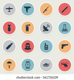 Set Of 16 Simple Terror Icons. Can Be Found Such Elements As Watch, Cold Weapon, Pistol And Other.