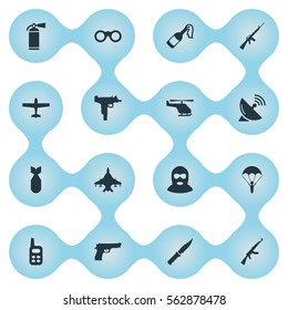 Set Of 16 Simple Terror Icons. Can Be Found Such Elements As Walkies, Signal Receiver, Pistol And Other.