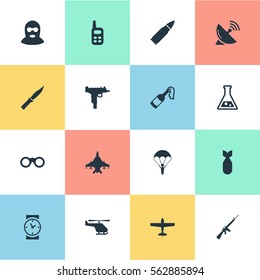 Set Of 16 Simple Terror Icons. Can Be Found Such Elements As Watch, Field Glasses, Nuke And Other.