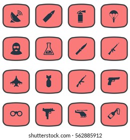 Set Of 16 Simple Terror Icons. Can Be Found Such Elements As Rifle Gun, Signal Receiver, Ammunition And Other.