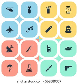 Set Of 16 Simple Terror Icons. Can Be Found Such Elements As Walkies, Extinguisher, Cold Weapon And Other.