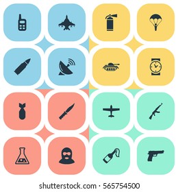 Set Of 16 Simple Terror Icons. Can Be Found Such Elements As Chemistry, Paratrooper, Pistol And Other.