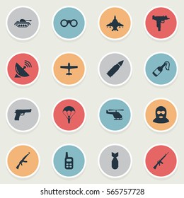 Set Of 16 Simple Terror Icons. Can Be Found Such Elements As Firearm, Helicopter, Ammunition And Other.