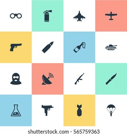 Set Of 16 Simple Terror Icons. Can Be Found Such Elements As Ammunition, Firearm, Pistol And Other.
