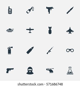Set Of 16 Simple Terror Icons. Can Be Found Such Elements As Field Glasses, Terrorist, Rifle Gun And Other.