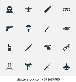 Set Of 16 Simple Terror Icons. Can Be Found Such Elements As Field Glasses, Rifle Gun, Pistol And Other.
