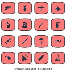 Set Of 16 Simple Terror Icons. Can Be Found Such Elements As Chemistry, Nuke, Paratrooper And Other.