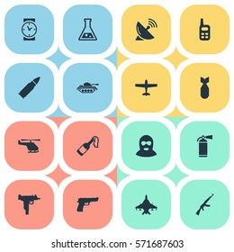 Set Of 16 Simple Terror Icons. Can Be Found Such Elements As Sky Force, Kalashnikov, Nuke And Other.