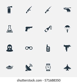 Set Of 16 Simple Terror Icons. Can Be Found Such Elements As Rifle Gun, Firearm, Kalashnikov And Other.