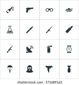 Set Of 16 Simple Terror Icons. Can Be Found Such Elements As Firearm, Kalashnikov, Terrorist And Other.