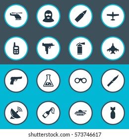 Set Of 16 Simple Terror Icons. Can Be Found Such Elements As Pistol, Signal Receiver, Molotov And Other.