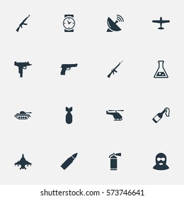 Set Of 16 Simple Terror Icons. Can Be Found Such Elements As Helicopter, Signal Receiver, Terrorist And Other.