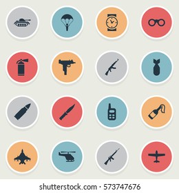 Set Of 16 Simple Terror Icons. Can Be Found Such Elements As Heavy Weapon, Air Bomber, Sky Force And Other.