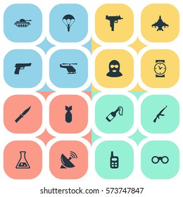 Set Of 16 Simple Terror Icons. Can Be Found Such Elements As Firearm, Molotov, Chemistry And Other.