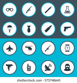 Set Of 16 Simple Terror Icons. Can Be Found Such Elements As Field Glasses, Firearm, Pistol And Other.