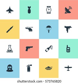 Set Of 16 Simple Terror Icons. Can Be Found Such Elements As Paratrooper, Helicopter, Terrorist And Other.