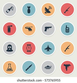 Set Of 16 Simple Terror Icons. Can Be Found Such Elements As Firearm, Walkies, Terrorist And Other.