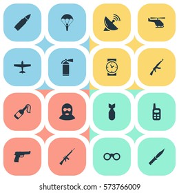 Set Of 16 Simple Terror Icons. Can Be Found Such Elements As Kalashnikov, Cold Weapon, Signal Receiver And Other.