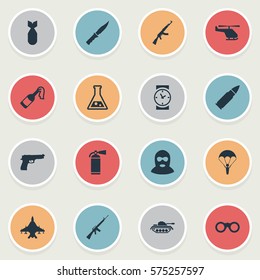 Set Of 16 Simple Terror Icons. Can Be Found Such Elements As Ammunition, Nuke, Rifle Gun And Other.