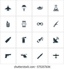 Set Of 16 Simple Terror Icons. Can Be Found Such Elements As Chemistry, Extinguisher, Ammunition And Other.
