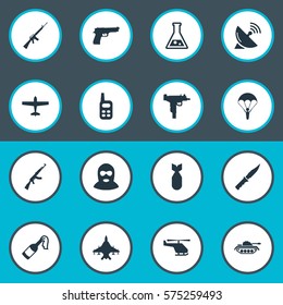 Set Of 16 Simple Terror Icons. Can Be Found Such Elements As Cold Weapon, Pistol, Rifle Gun And Other.