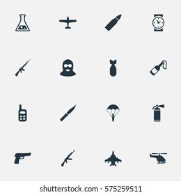 Set Of 16 Simple Terror Icons. Can Be Found Such Elements As Air Bomber, Cold Weapon, Kalashnikov And Other.