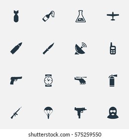 Set Of 16 Simple Terror Icons. Can Be Found Such Elements As Signal Receiver, Paratrooper, Chemistry And Other.
