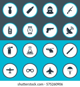 Set Of 16 Simple Terror Icons. Can Be Found Such Elements As Extinguisher, Kalashnikov, Walkies And Other.