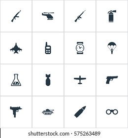 Set Of 16 Simple Terror Icons. Can Be Found Such Elements As Pistol, Ammunition, Extinguisher And Other.